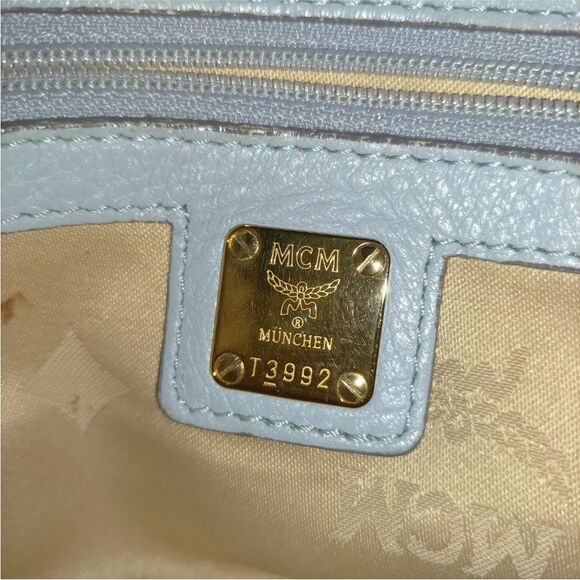 Auth MCM Light Blue Leather Tan Trim 2way Saddle Hobo Bag Satchel Preloved Purse - Picture 7 of 9